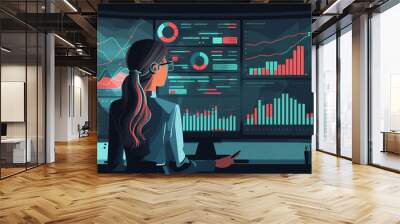 Illustration of Woman analyst analyzing data and creating insight reports on a business analytics dashboard containing KPIs, charts, and metrics Created by generative AI Wall mural