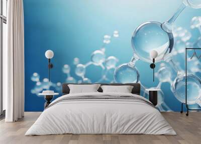 Colorful 3D glass molecules and atoms in blue background. Wall mural