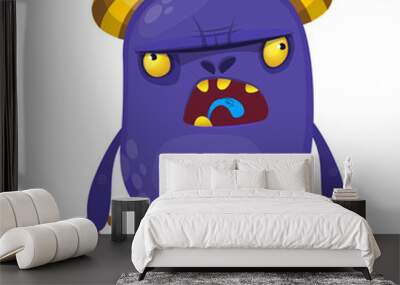 Angry cartoon monster. Halloween vector black and horned monster Wall mural