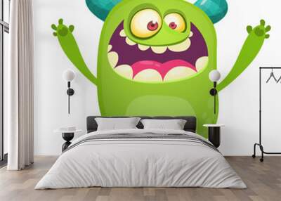 Cartoon green monster. Monster troll illustration with surprised expression. Shocking green gremlin mascot design. Vector Halloween illustration Wall mural