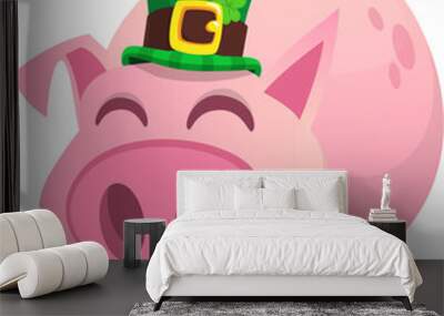 Cartoon happy pig wearing st patrick's hat with a clover. Vector illustration for Saint Patrick's Day. Party poster design Wall mural