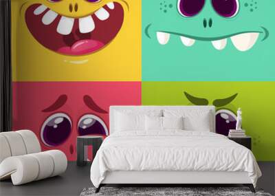 Cartoon monster faces set. Vector set of four Halloween monster faces.  Wall mural