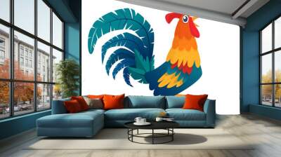 Cartoon rooster stands on one leg, vector illustration Wall mural