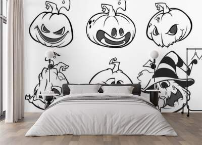 Cartoon scary Jack O' Lantern pumpkins set outlined Wall mural