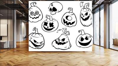 Cartoon scary Jack O' Lantern pumpkins set outlined Wall mural