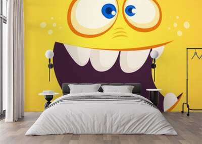 Cool cartoon monster face avatar. Vector Halloween excited orange monster with big mouth full of teeth.  Wall mural