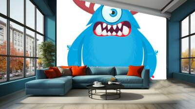 Funny cartoon furry monster character. Illustration of cute and happy mythical alien Wall mural