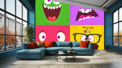 Funny cartoon monster faces emotions set. Illustration of mythical alien creatures different expression. Halloween party design. Great package design. Wall mural