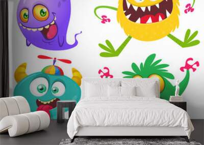 Funny cartoon monsters with different face expressions. Set of cartoon vector funny monsters characters. Halloween design for party decoration, stickers or package Wall mural