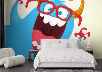 Funny cartoon smiling monster character. Illustration of cute and happy mythical alien. Vector isolated Wall mural