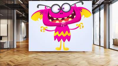 Funny cartoon smiling monster creature. Halloween Illustration of happy alien character. Vector isolated Wall mural