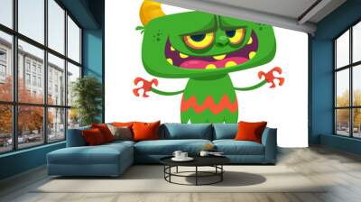 Funny cartoon smiling monster creature. Halloween Illustration of happy alien character. Vector isolated Wall mural