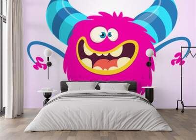 Happy cartoon monster troll. Vector Halloween pink monster character illustration Wall mural