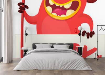 Red devil hand holding white sheet and trident. .Satan holds and signboard. Halloween party illustration. Wall mural