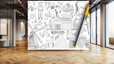 Agriculture and farm doodle set. Collection of hand drawn farmer, animals, harvesting, haystacks, village house and feeding places in stalls isolated on transparent background. Illustration of farm Wall mural