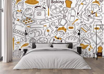 Baking doodle set. Collection of hand drawn templates patterns sketches of cooker chef baker cooking loaf from corn grain demonstrating fresh bakery production on tray. Bread food shop illustration. Wall mural