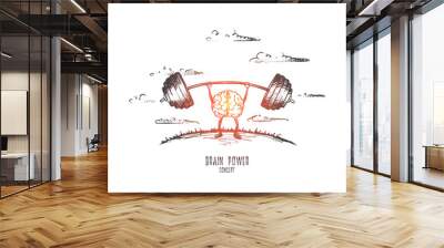 Brain power concept. Hand drawn brain as powerful muscle. Exercise for head isolated vector illustration. Wall mural