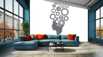 Brainstorm concept. Hand drawn thinking mechanism. Human head with gears inside isolated vector illustration. Wall mural