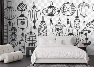 Chinese lanterns doodle set. Collection of hand drawn traditional asian lanterns for decoration and celebration holidays isolated on transparent background. Illustration of decorative asian symbols  Wall mural