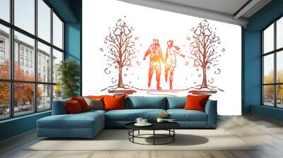 City, winter, couple, romance, park concept. Hand drawn isolated vector. Wall mural