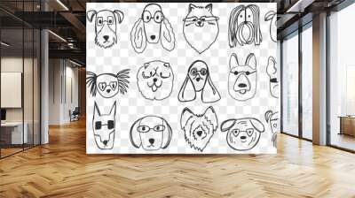 Dogs faces doodle set. Collection of hand drawn funny cute faces of dogs pets of different breeds and fur styles isolated on transparent background. Illustration of dogs breeds for kids Wall mural