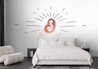 Embryo concept. Hand drawn hands with embryo. Symbol of protection of motherhood isolated vector illustration. Wall mural