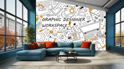 Graphic designer workspace doodle set. Collection of hand drawn sketches templates patterns of graph design equipment. Creative occupation and creation of visual digital products illustration Wall mural