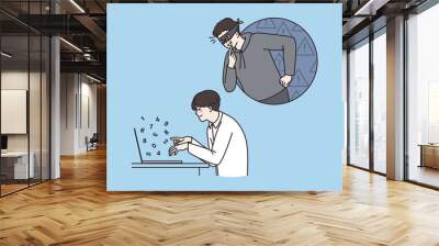 Hacker spy on business employee working on laptop in office online. Thief get personal private information or data from computer worker. Cyber crime, hack, fraud concept. Flat vector illustration.  Wall mural