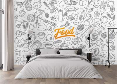 Hand drawn set of healthy food ingredient doodles with lettering in vector Wall mural