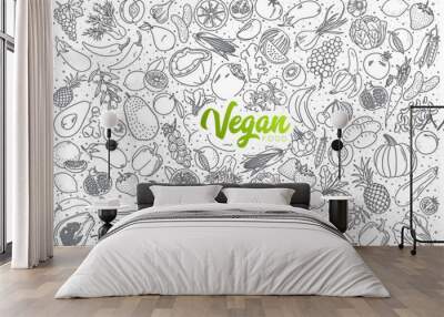 Hand drawn vegan food doodle set with green lettering in vector Wall mural