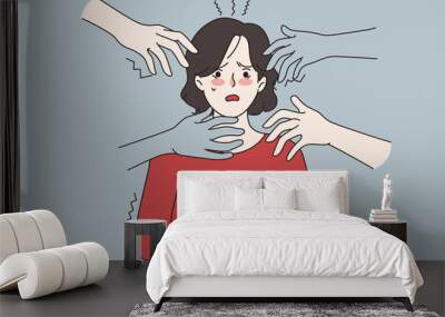 Hands stretched to anxious unhappy scared woman suffer from panic attack. Frightened terrified worried female struggle with psychology mental disorder. Anxiety concept. Flat vector illustration.  Wall mural