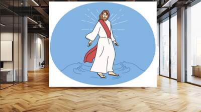 Jesus Christ walking water. Biblical story of messiah walks on water surface. Religion and faith. Christianity. Flat vector illustration. Wall mural