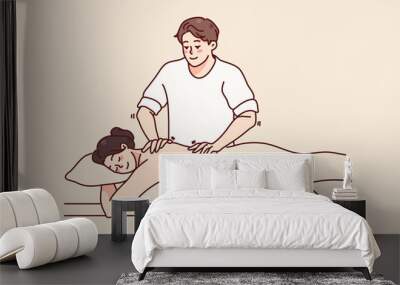 Male physician make back massage to female client in spa or salon. Masseur help woman patient with backache, relive muscle pain. Healthcare and wellness. Vector illustration.  Wall mural