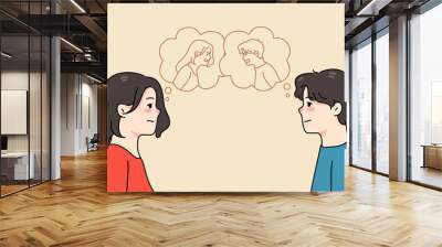 Man and woman hidden emotions in speech bubbles. Unhappy couple lovers have relationships problems. Spouses suffer from relations trouble. Divorce or breakup. Vector illustration.  Wall mural