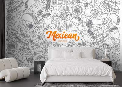 mexican food doodle set with orange lettering Wall mural