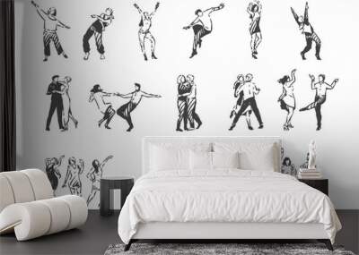 People dancing to music concept sketch. Hand drawn isolated vector Wall mural