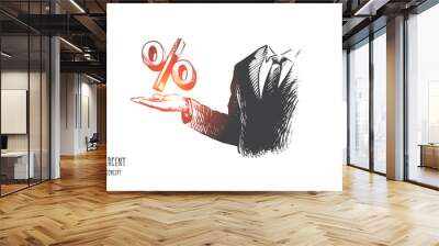 Percent concept. Hand drawn businessman hand with percent sign. Percent symbol on mans hand isolated vector illustration. Wall mural