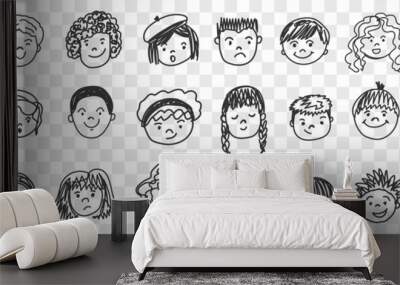 Portraits doodle set. Collection of funny hand drawn human children faces with different hairstyle expressing various emotions isolated on transparent background. Illustration of happiness and sadness Wall mural