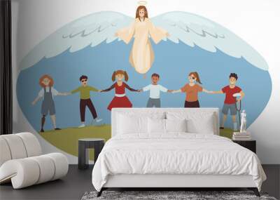 Protection, disability, support, religion, christianity concept. Angel biblical religious character protecting young happy handicapped injured disabled people children kids. Divine help healthcare. Wall mural