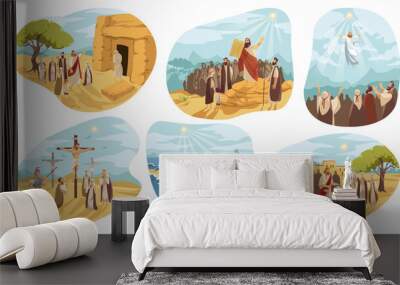 Religion, christianity, Bible set concept. Biblical religious Old and New Testament series of Jesus Christ son of God crucifixion ressurection. Moses prophet gives people Ten Commandments illustration Wall mural