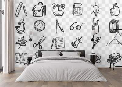 School doodle set. Collection of hand drawn sketches patterns templates of classroom equipment books blackboards desks on transparent background. Back to college unversity and education illustration. Wall mural