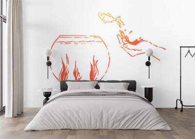 Small goldfish jumping in fishbowl, hand let fish go, domestic pet leap in glass aquarium with seaweed Wall mural