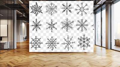 Snowflakes doodle set. Collection of hand drawn beautiful snowflakes of different patterns traditional for winter isolated on transparent background. Illustration of snow magic decorations  Wall mural