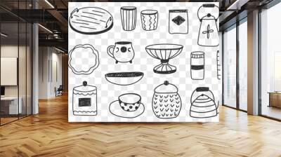 Tableware on kitchen doodle set. Collection of hand drawn kitchen and tableware boards pots kettles plates cutlery glasses mugs for cooking and eating isolated on transparent background Wall mural