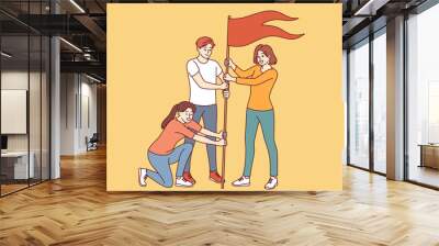 Team of successful people plants victory flag, symbolizing excellent teamwork and personal growth. Happy man and woman studying at university achieve success through teamwork and collaboration Wall mural