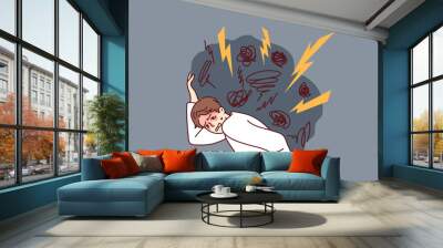 Tired man carrying huge boulder of problems on back. Unhappy exhausted guy with burden of anxiety and overthinking. Stress free life concept. Vector illustration.  Wall mural