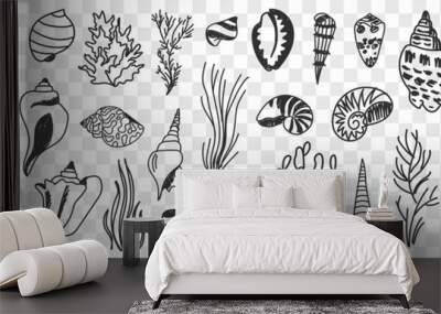 Underwater world creatures doodle set. Collection of hand drawn sea creatures starfish shells grass mussel on sea ocean bottom isolated on transparent background Wall mural