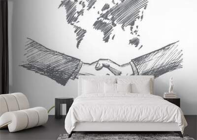 vector hand drawn international partnership sketch. handshaking of two businessmen on world map back Wall mural