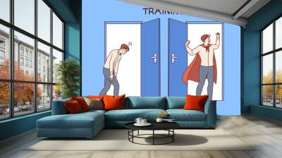 Weak man underwent business training and became superhero thanks to charge of motivation, standing near open doors. Training for office clerks who need to increase work efficiency. Wall mural