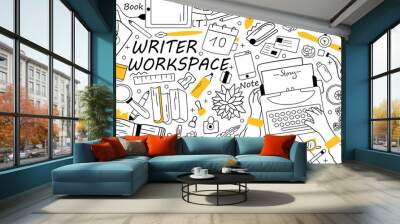 Writer workspace doodle set. Collection of hand drawn sketches templates patterns of writing equipment. Creative occupation and storytelling content book creation illustration Wall mural